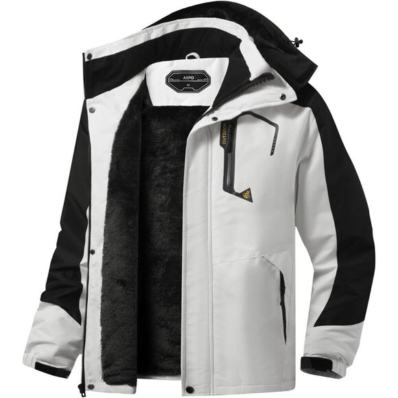 Men's White Waterproof Winter Warm Snow Coat Fleece Lined Hiking Ski Jacket